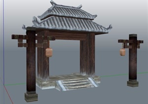 古典中式风格庭院大门及景灯SU(草图大师)模型