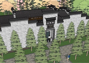 中式风格详细别墅建筑SU(草图大师)模型