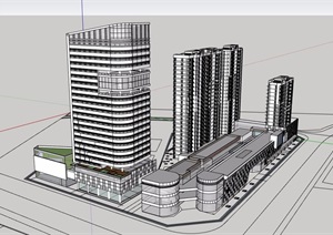 现代风格商业中心住宅办公综合建筑SU(草图大师)模型