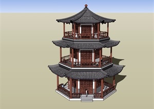 某古典中式风格六角阁楼建筑SU(草图大师)模型