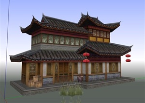某古典中式茶楼茶馆建筑设计SU(草图大师)模型