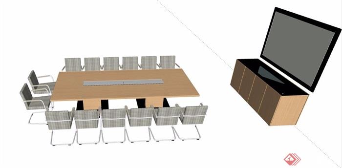 现代简约会议桌椅组合、储物柜设计su模型