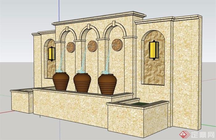 欧式大理石喷泉水景墙设计su模型