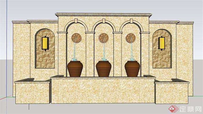 欧式大理石喷泉水景墙设计su模型