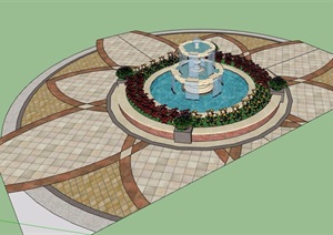 欧式风格详细的喷泉水池水景SU(草图大师)模型