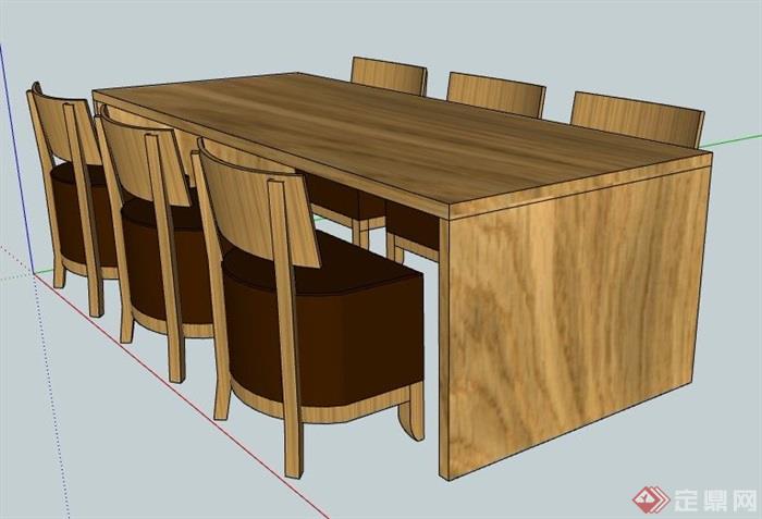 现代木制六人座桌椅组合su模型