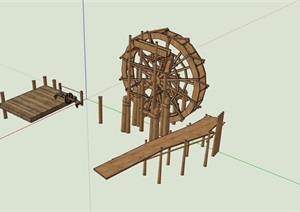 木质详细的水车小品素材设计SU(草图大师)模型