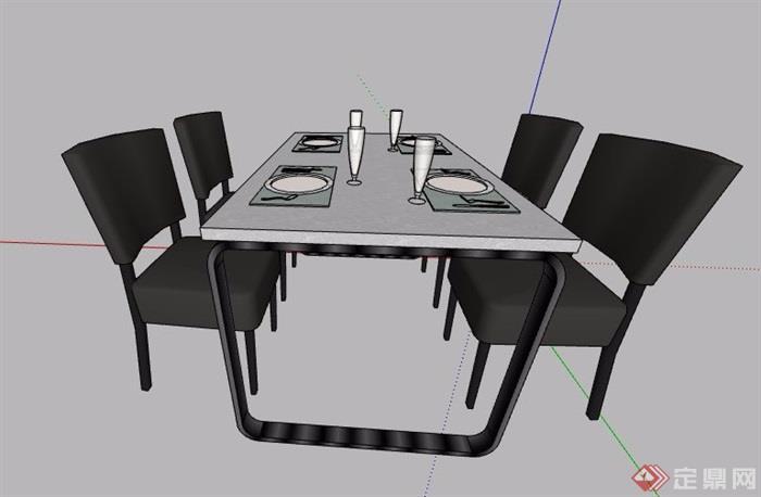 简约四人座餐桌椅组合家具su模型