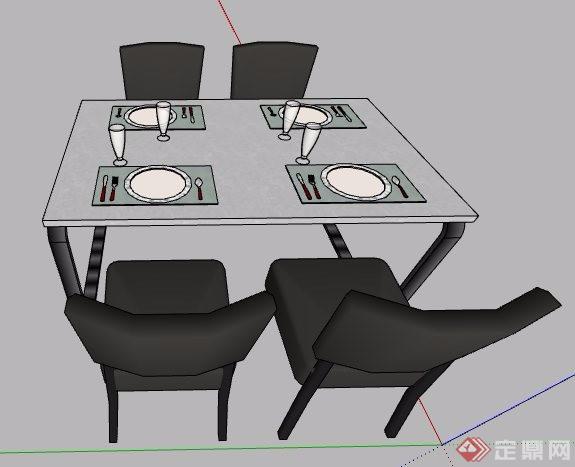 简约四人座餐桌椅组合家具su模型
