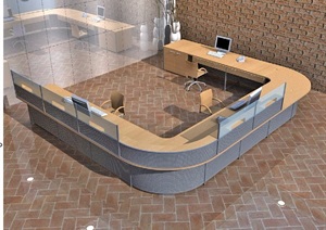 现代风格U形组合办公桌椅SU(草图大师)模型