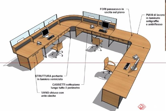 现代风格U形组合办公桌椅su模型