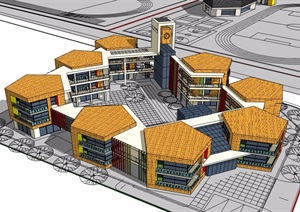 整体三栋学校教育建筑楼SU(草图大师)模型