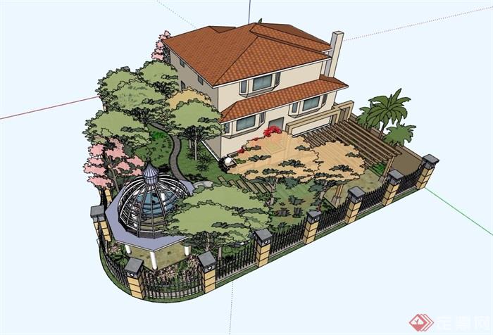 某美式风格别墅庭院花园su模型