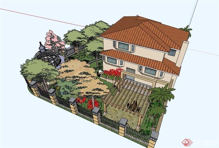 某美式风格别墅庭院花园su模型