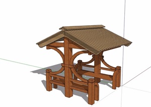 中式风格详细的木质凉亭SU(草图大师)模型