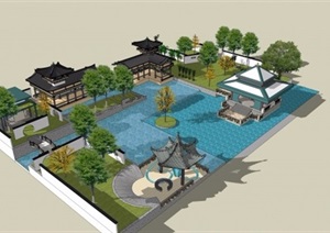 古典中式风格公园游园设计SU(草图大师)模型