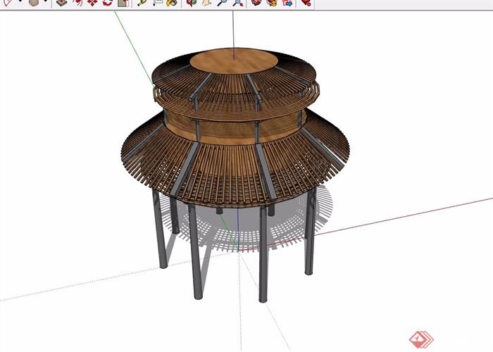 新中式防腐木质凉亭设计su模型