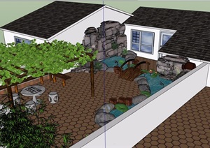 中式屋顶庭院花园景观模型