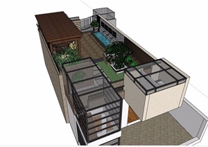 详细的屋顶庭院花园SU(草图大师)模型