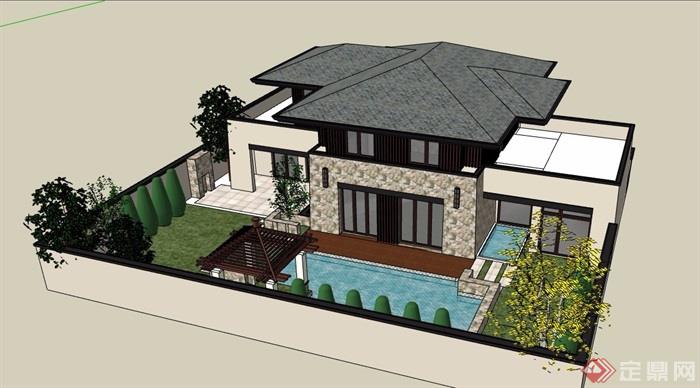 新古典风格别墅建筑及庭院花园模型