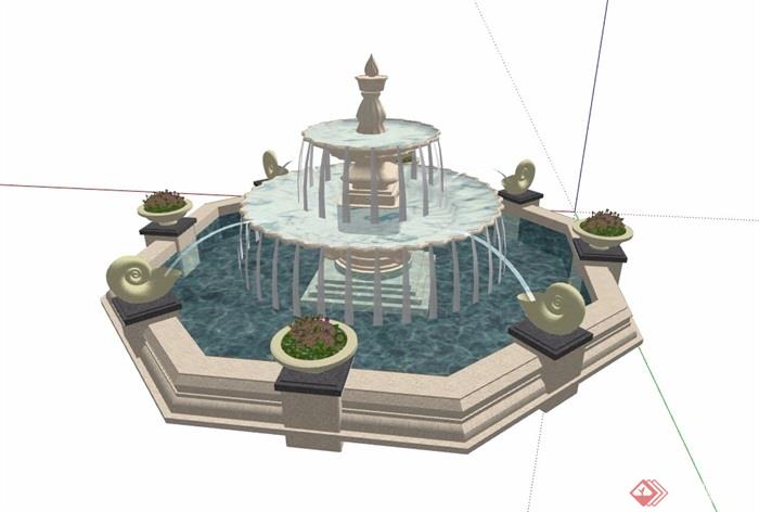 欧式风格喷泉水钵水景su模型