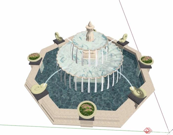 欧式风格喷泉水钵水景su模型
