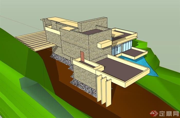 流水别墅三层建筑设计su模型