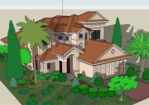 欧式风格详细的别墅设计SU(草图大师)模型含庭院