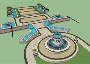 某详细的喷泉水池水景及地面铺装设计SU(草图大师)模型
