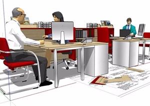 现代拼接组合办公桌椅素材SU(草图大师)模型