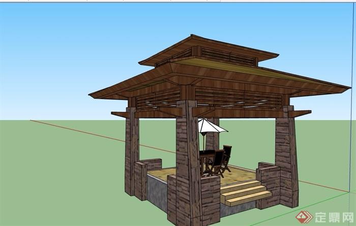 新古典风格详细的木质凉亭su模型