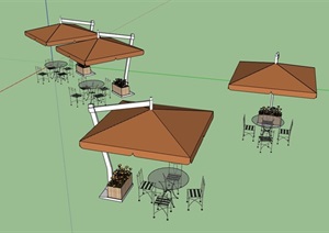 伞桌椅详细设计SU(草图大师)模型含花箱