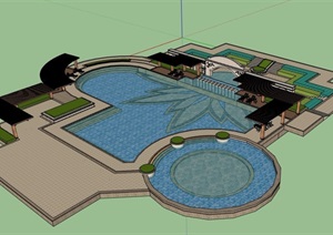 某水池水景、廊架、景墙组合设计SU(草图大师)模型