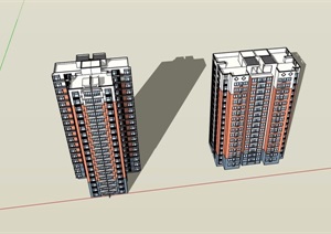 详细的两栋居住小区楼设计SU(草图大师)模型