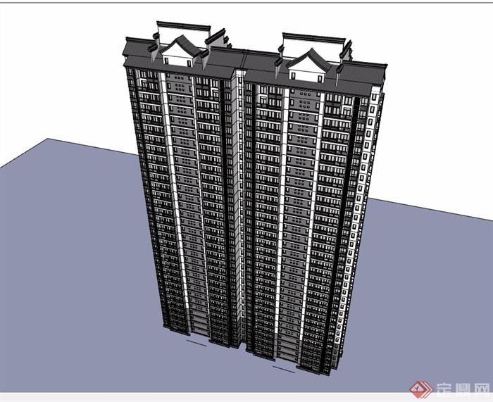 中式详细完整的高层居住建筑楼设计su模型