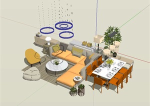 现代风格客厅餐厅家具组合详细SU(草图大师)模型