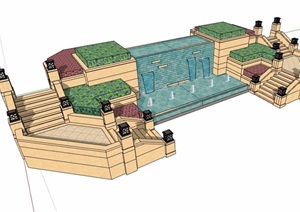喷泉水池及楼梯台阶素材设计SU(草图大师)模型