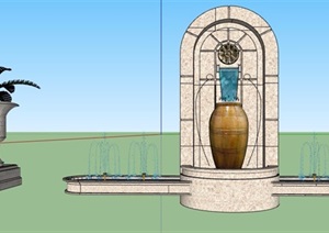 欧式风格大理石喷泉水景及花钵柱设计SU(草图大师)模型