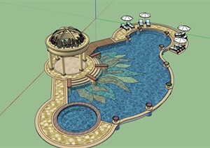 详细的亭子水池设计SU(草图大师)模型