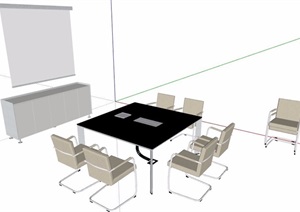 现代风格会议桌椅及投影屏组合SU(草图大师)模型