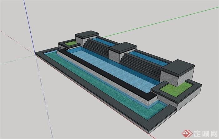 详细的台阶式水池设计su模型