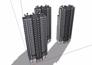 三栋详细的中式住宅高层建筑SU(草图大师)模型