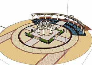 喷泉水池亭子及地面铺装组合素材设计SU(草图大师)模型