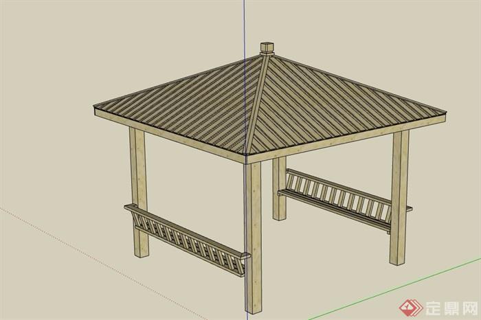木质详细的完整凉亭设计su模型