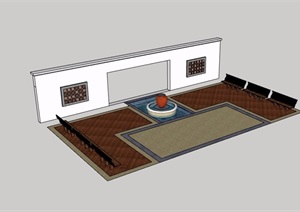景墙、坐凳、水池、地面铺装设计SU(草图大师)模型