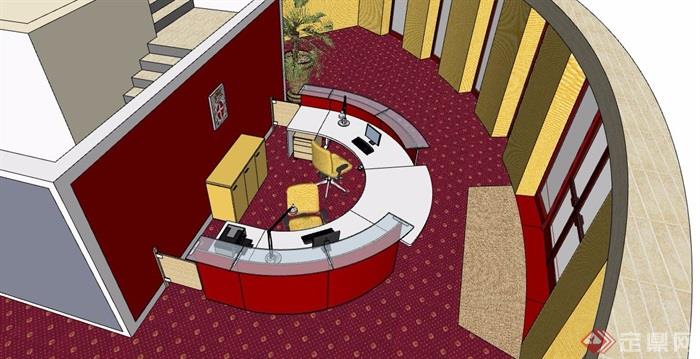 现代风格酒店弧形服务台整体场景设计su模型