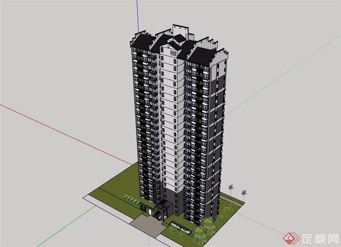 某中式详细的居住高层建筑楼设计su模型