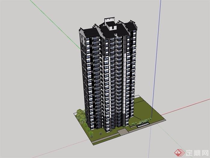某中式详细的居住高层建筑楼设计su模型