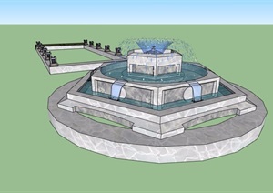台阶独特的喷泉详细水池水景设计SU(草图大师)模型