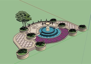 雕塑喷泉水池景观设计SU(草图大师)模型含花坛